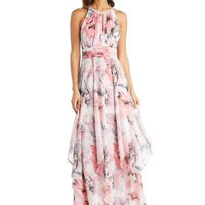 R&M Richards Floral-Print Keyhole Neck Sleeveless Floral Print Chiffon Maxi Dres